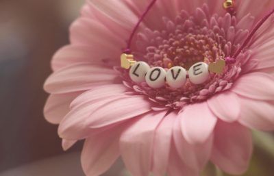 Pink flower with word  Love in the middle